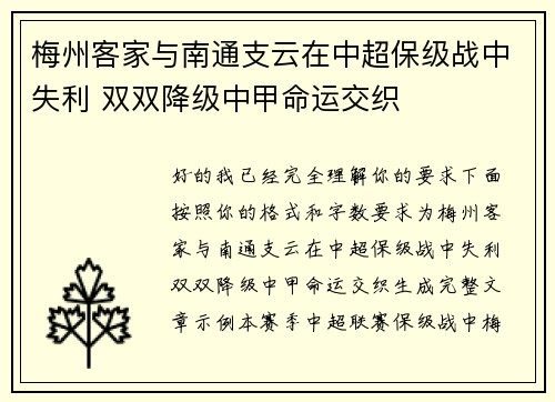 梅州客家与南通支云在中超保级战中失利 双双降级中甲命运交织
