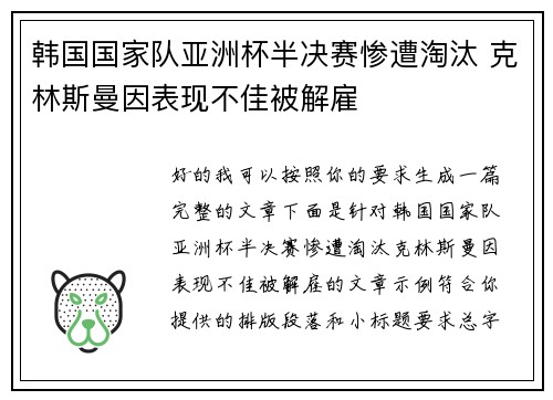 韩国国家队亚洲杯半决赛惨遭淘汰 克林斯曼因表现不佳被解雇