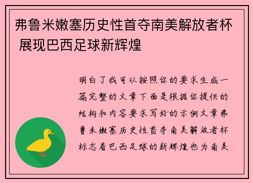 弗鲁米嫩塞历史性首夺南美解放者杯 展现巴西足球新辉煌