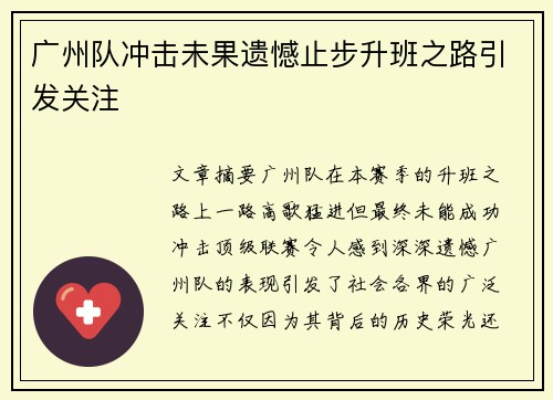 广州队冲击未果遗憾止步升班之路引发关注