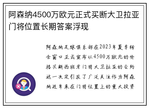 阿森纳4500万欧元正式买断大卫拉亚门将位置长期答案浮现
